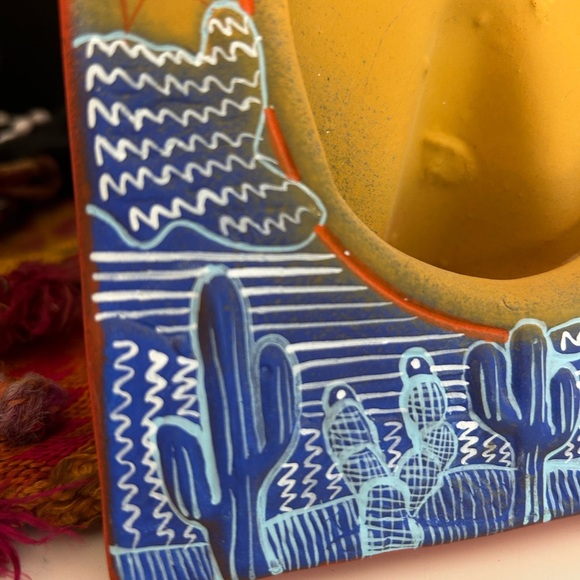 Vtg Mexican Folk Art Pottery Picture Frame Sun Moon Celestial Face Green Blue - Picture 2 of 16